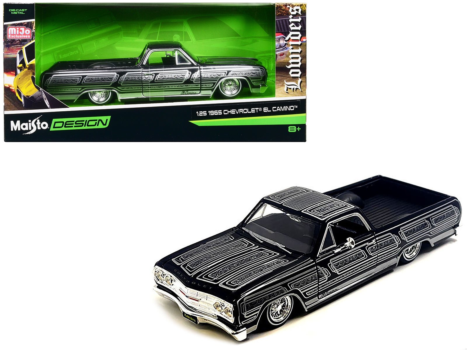 1965 Chevrolet El Camino Lowrider Black Metallic with Silver Graphics "Lowriders" Series 1/25 Diecast Model Car by Maisto - Asmota