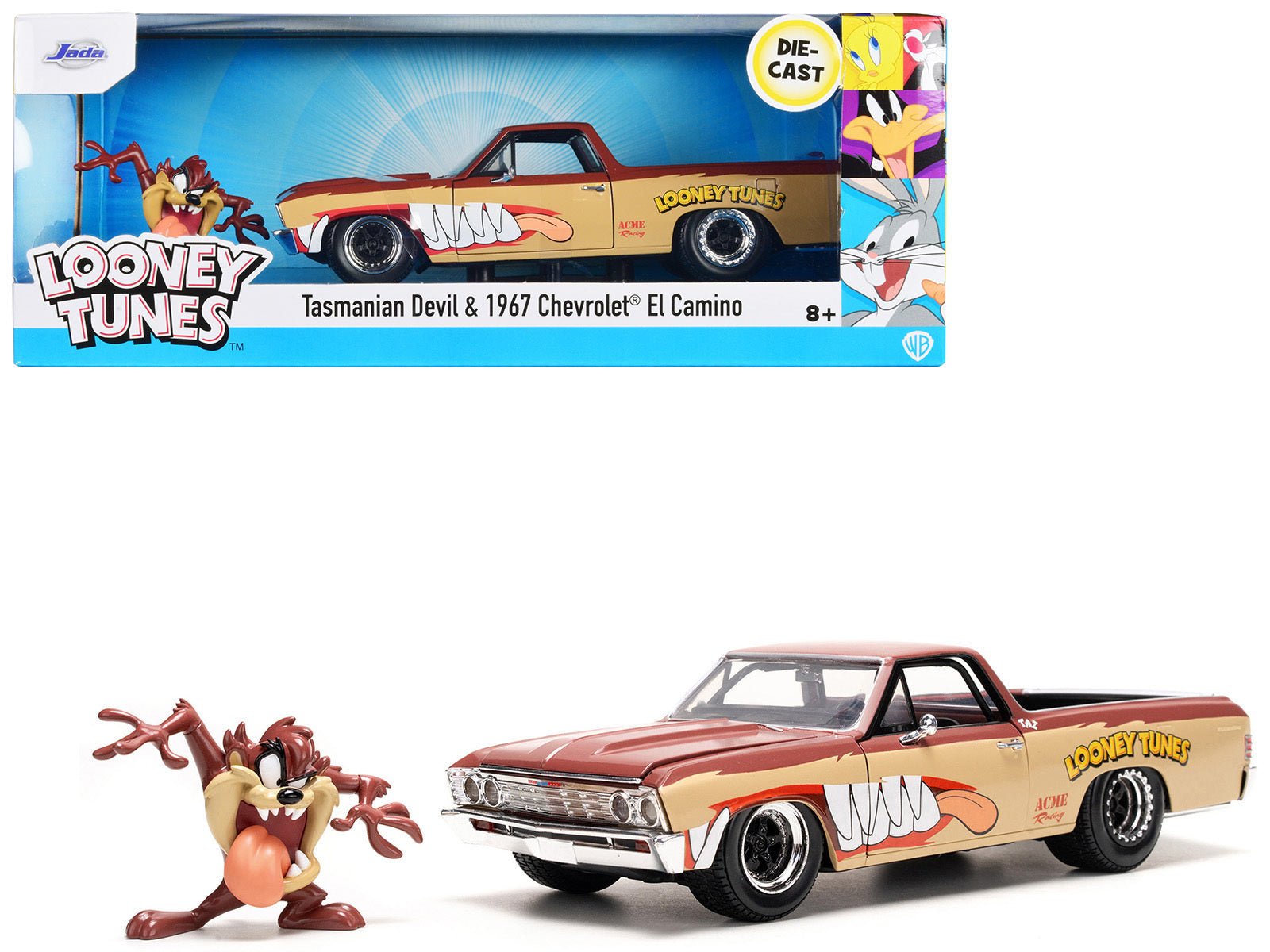 1967 Chevrolet El Camino Brown and Beige with Graphics and Tasmanian Devil (Taz) Diecast Figure "Looney Tunes" - Asmota