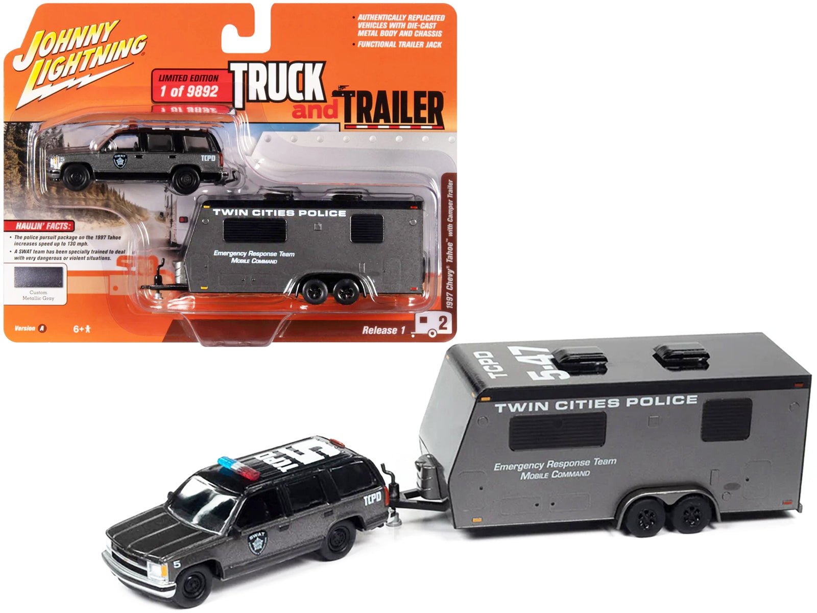1997 Chevrolet Tahoe "SWAT" Custom Gray Metallic and Black with "Twin Cities Police" Camper Trailer Limited Edition to 9892 pieces Worldwide "Truck and Trailer" Series 1/64 Diecast Model Car by Johnny Lightning - Asmota