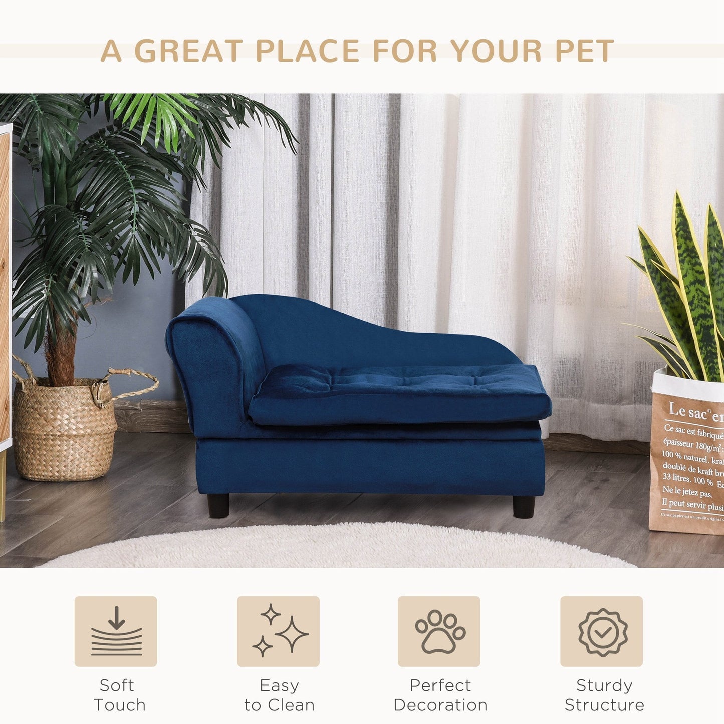 Luxury Small Dog Bed with Hidden Storage in Blue Fabric