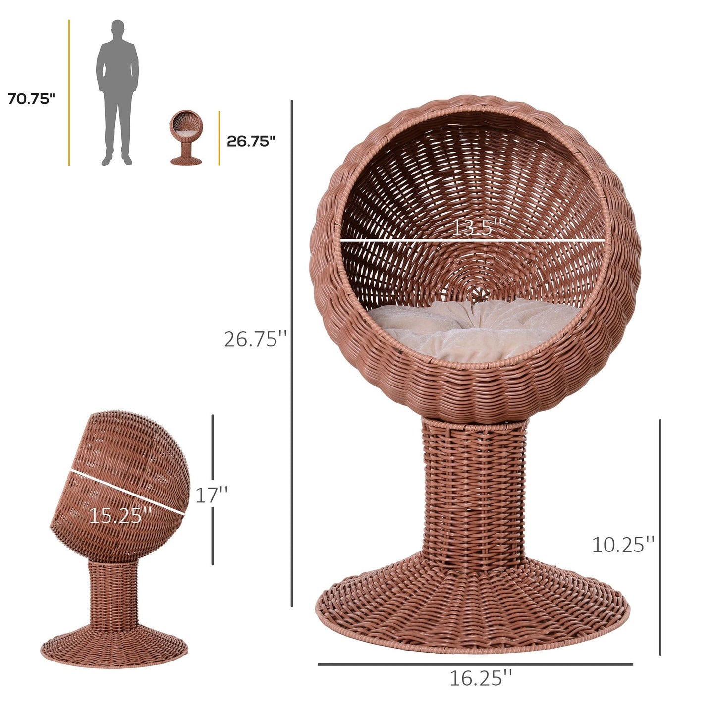 Elevated Rotatable Egg Chair Bed with Thick Cushion for Cats Brown