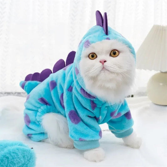 1PC Pet Clothing Dog Cat Autumn and Winter Thickened Warm Blue Dinosaur Hooded Coat For Small Medium Dogs - Asmota