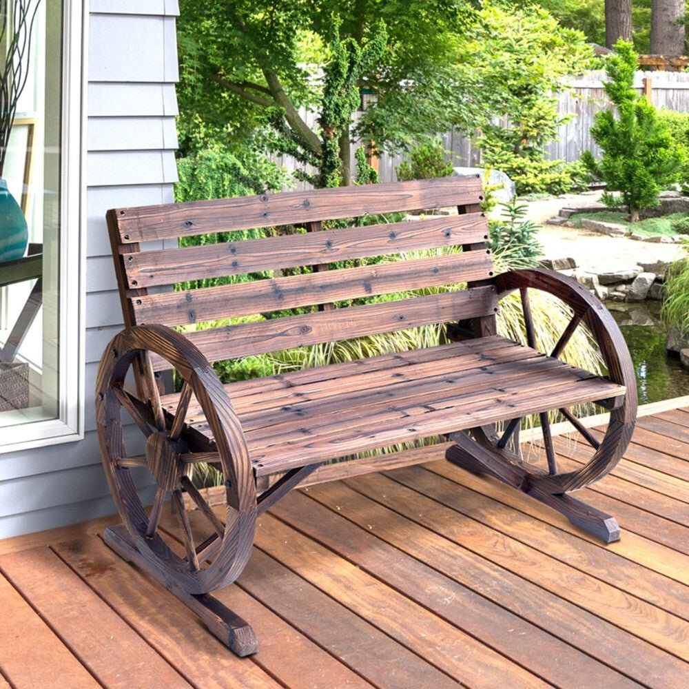 2 - Person Seat Bench with Backrest Wooden Wagon Wheel Bench, Rustic Outdoor Patio Furniture - AS - Asmota