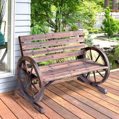 2 - Person Seat Bench with Backrest Wooden Wagon Wheel Bench, Rustic Outdoor Patio Furniture - AS - Asmota
