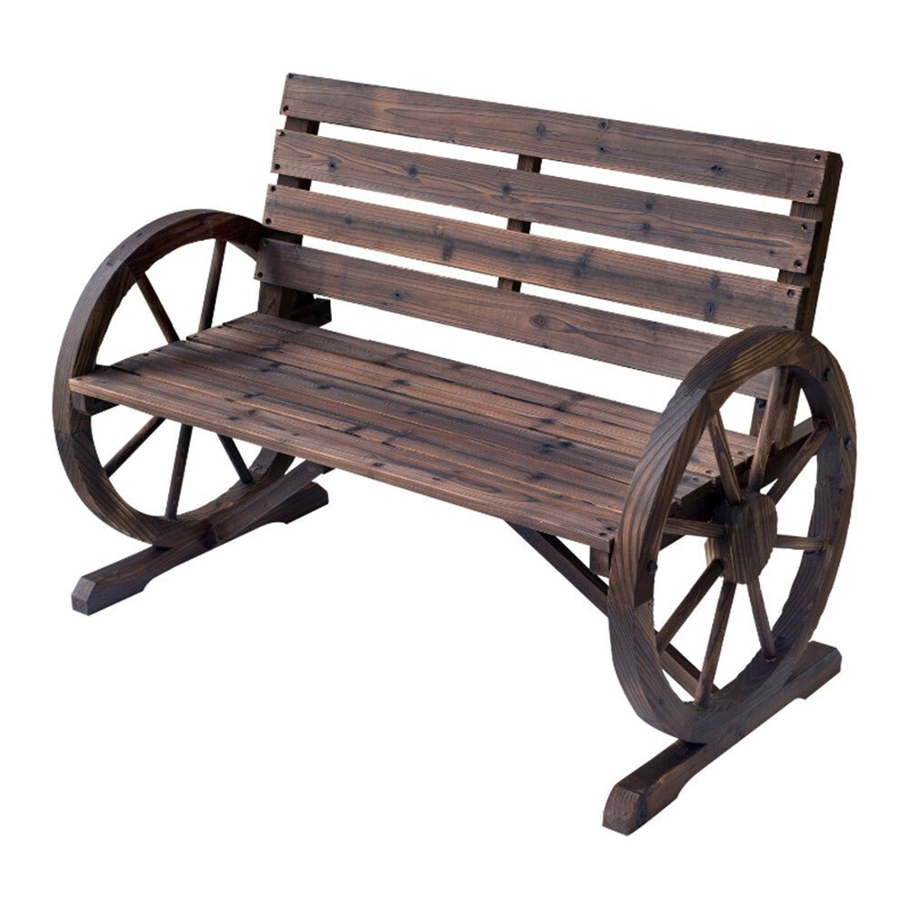 2 - Person Seat Bench with Backrest Wooden Wagon Wheel Bench, Rustic Outdoor Patio Furniture - AS - Asmota