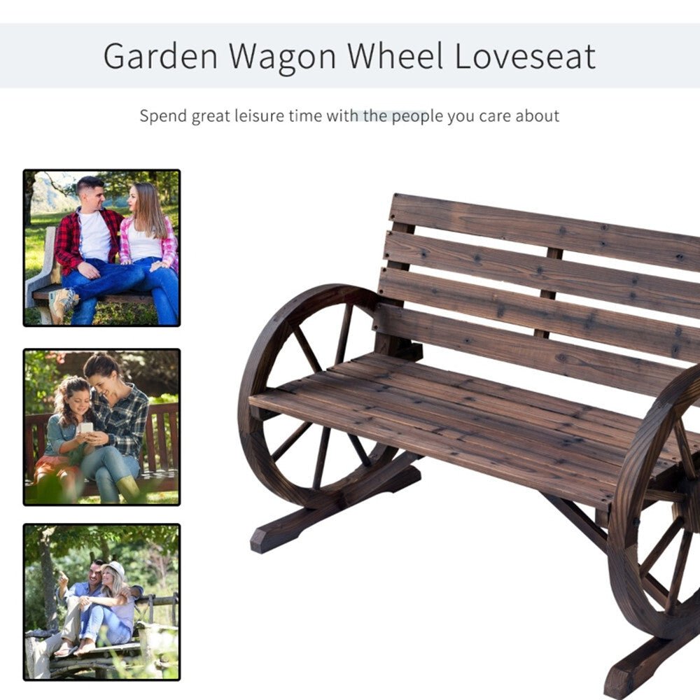 2 - Person Seat Bench with Backrest Wooden Wagon Wheel Bench, Rustic Outdoor Patio Furniture - AS - Asmota