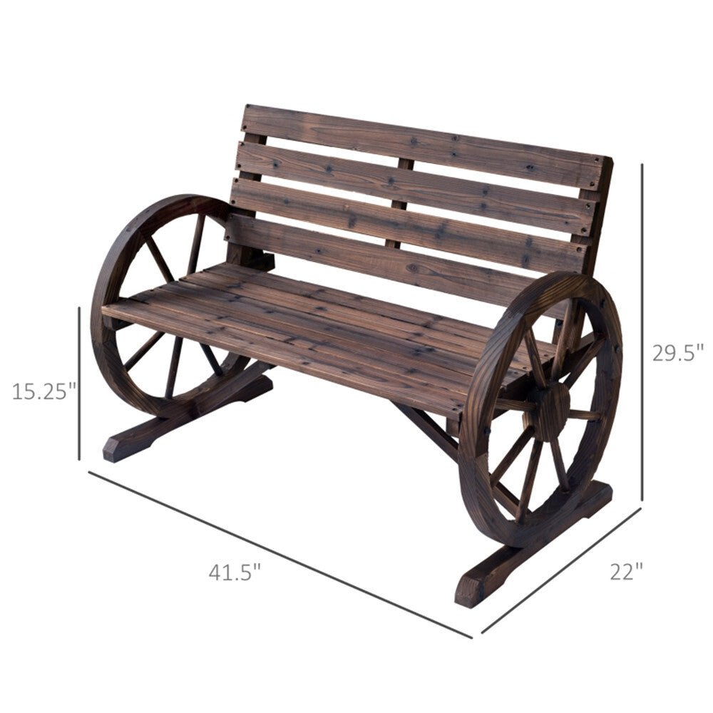 2 - Person Seat Bench with Backrest Wooden Wagon Wheel Bench, Rustic Outdoor Patio Furniture - AS - Asmota