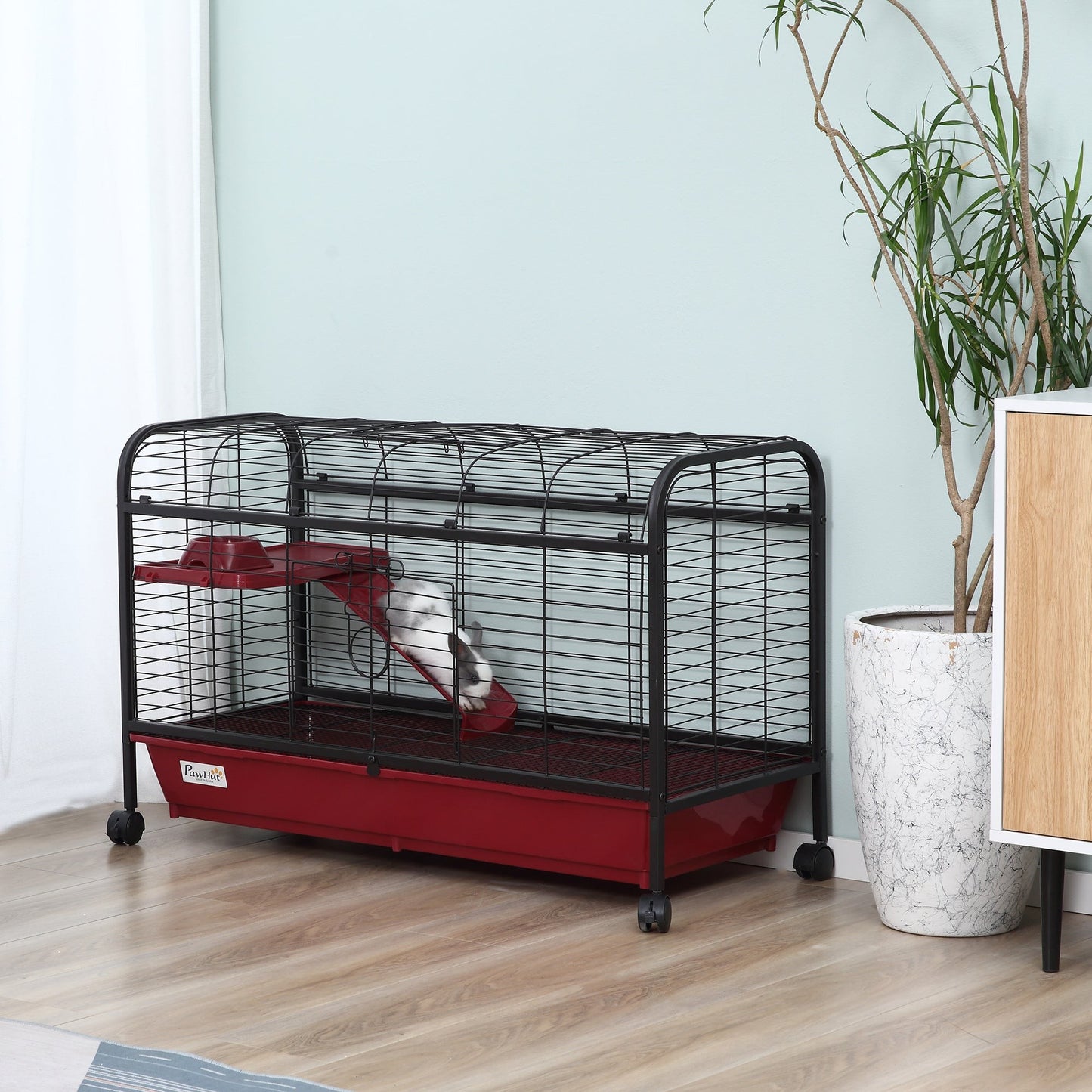41" Metal Small Animal Cage with Feeder, Ramp & Rolling Wheels