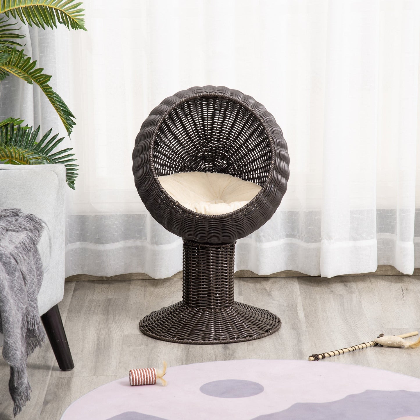 Elevated Rotatable Egg-Shaped Cat Bed with Woven Grass Cushion