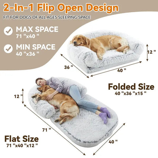 Orthopedic Foldable Plush Dog Bed for Large Dogs in Faux Fur