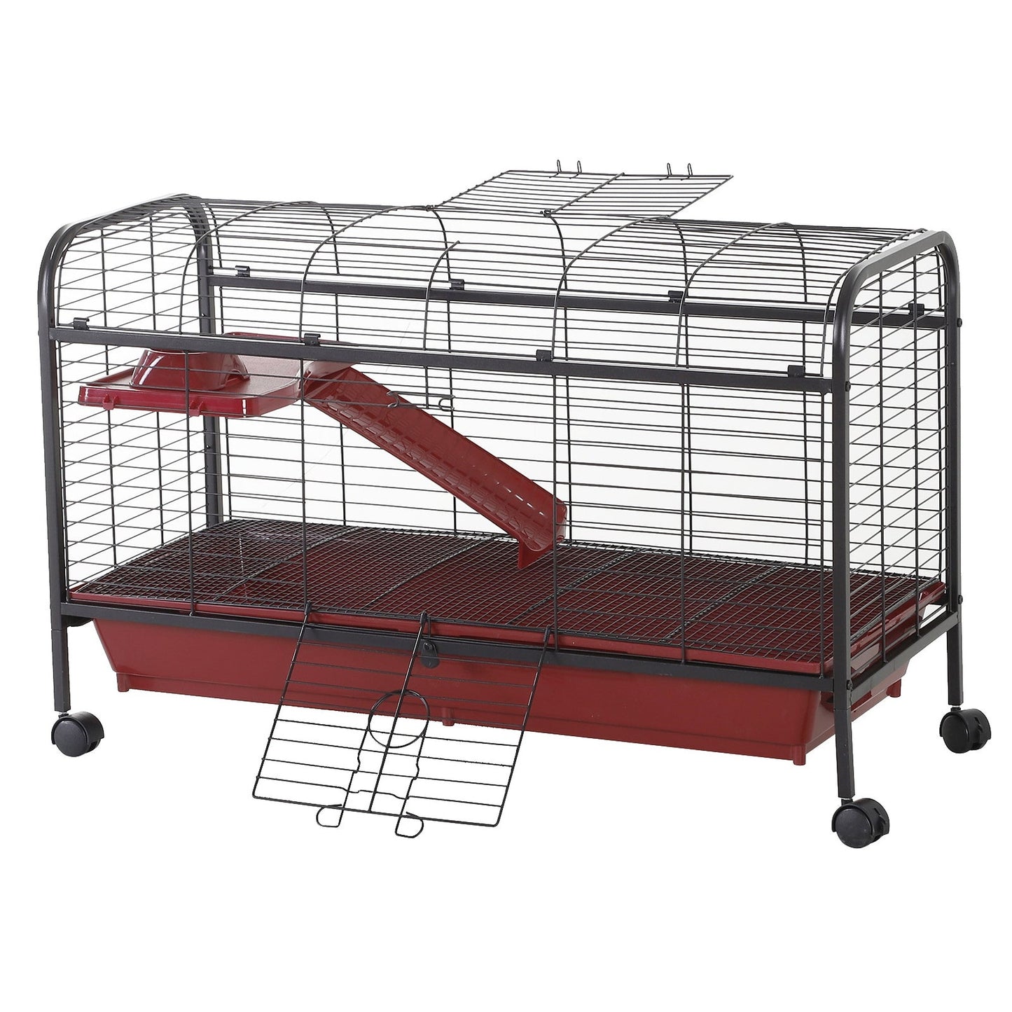 41" Metal Small Animal Cage with Feeder, Ramp & Rolling Wheels