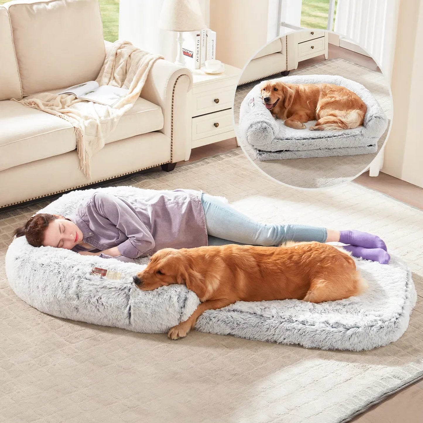Orthopedic Foldable Plush Dog Bed for Large Dogs in Faux Fur