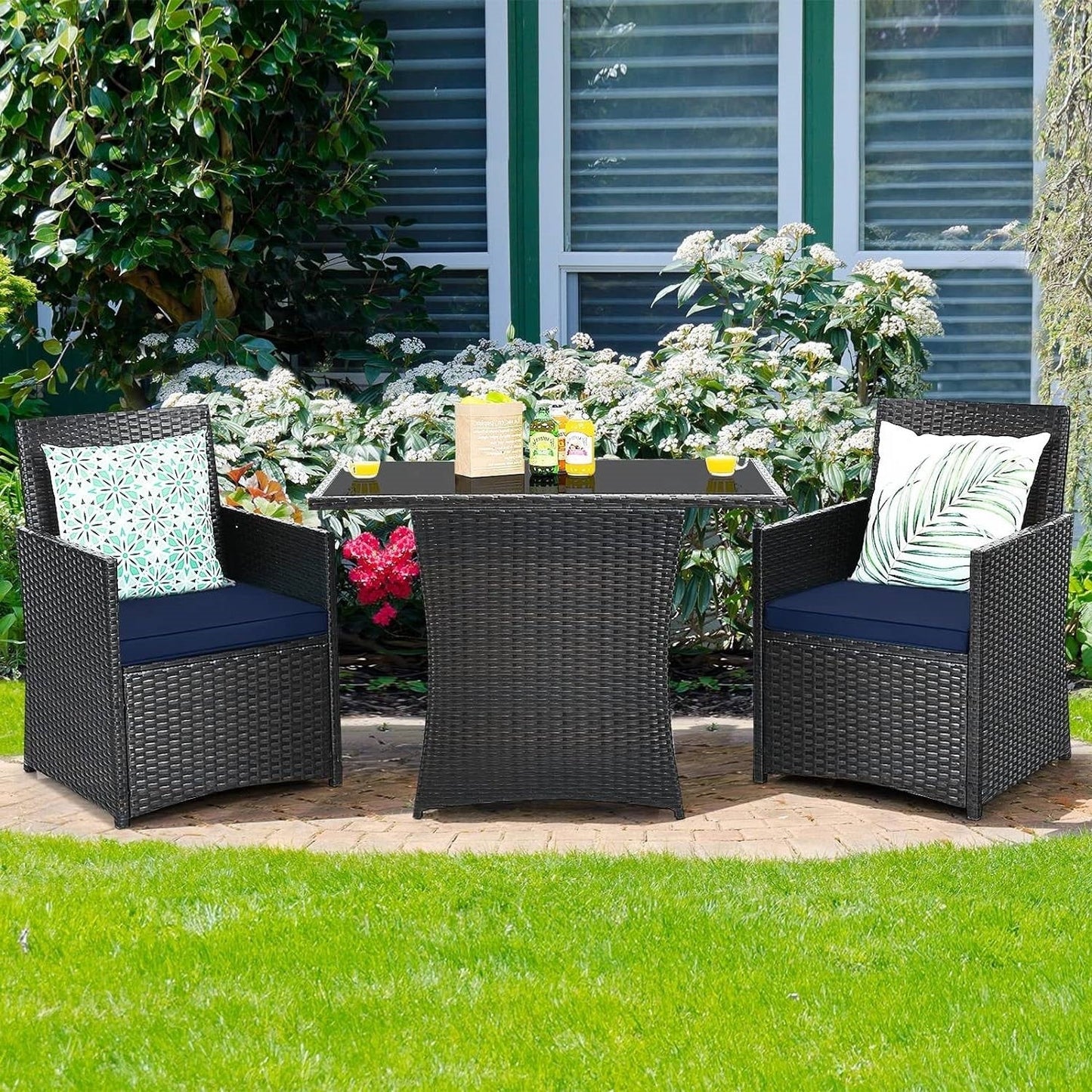 3 - Piece Patio Furniture Outdoor Dining Set Brown PE Rattan Navy Blue Cushions - Asmota