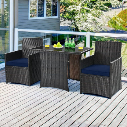 3 - Piece Patio Furniture Outdoor Dining Set Brown PE Rattan Navy Blue Cushions - Asmota