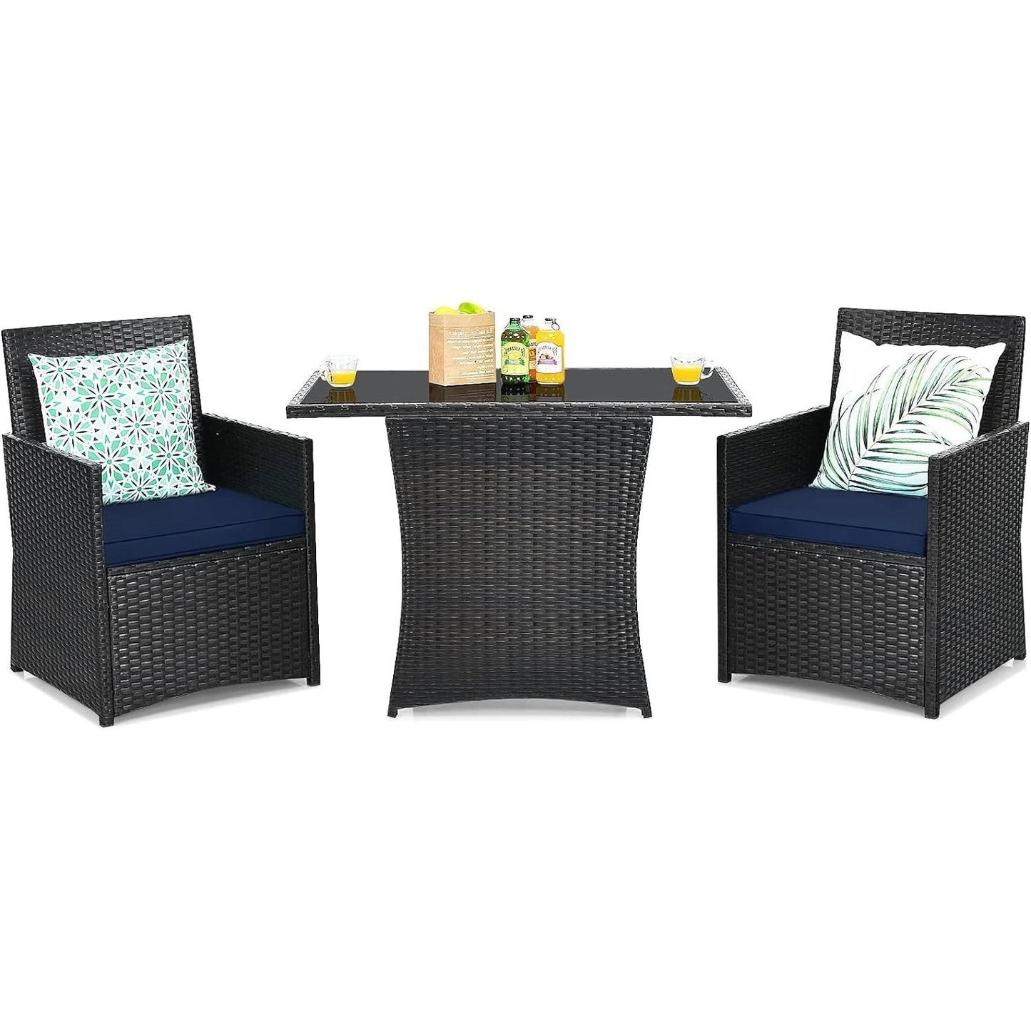3 - Piece Patio Furniture Outdoor Dining Set Brown PE Rattan Navy Blue Cushions - Asmota