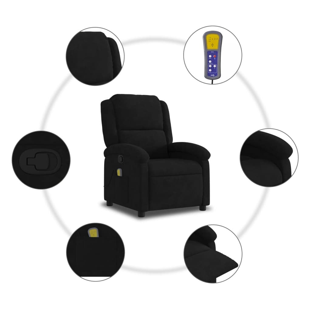 Massage Recliner Chair Black Velvet Single Adjustable Armrests