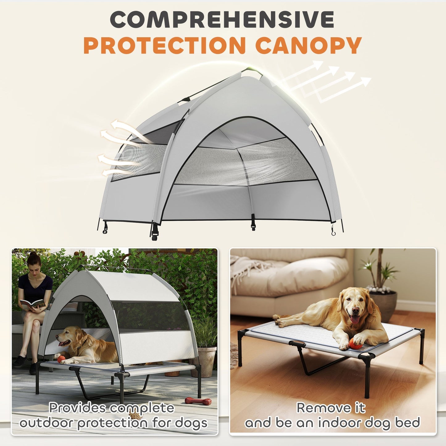 Elevated Light Gray Dog Bed with Removable Canopy & Cooling Pad