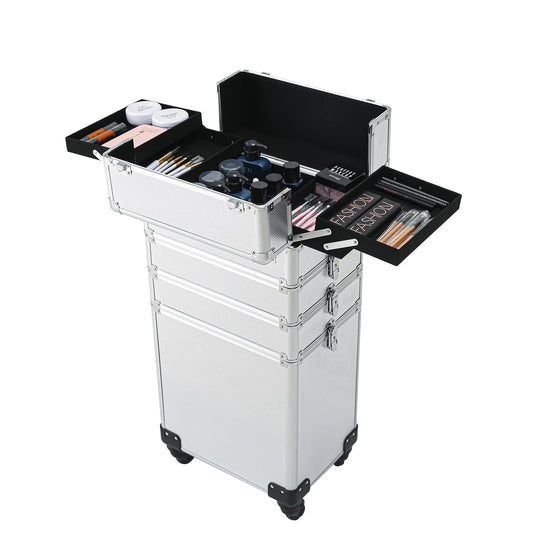 4 - in - 1 Draw - bar Style Interchangeable Aluminum Rolling Makeup Case Silver - Asmota