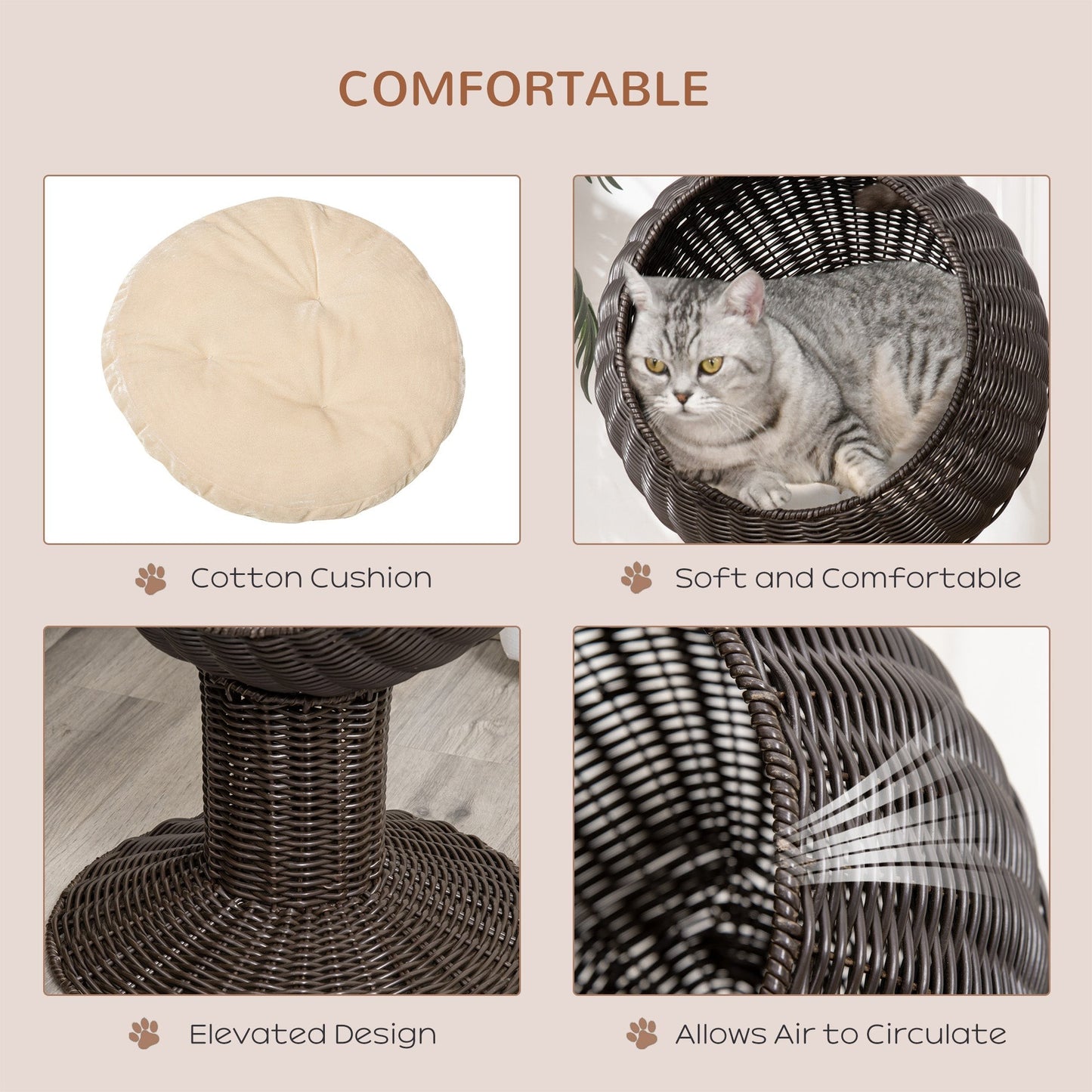 Elevated Rotatable Egg-Shaped Cat Bed with Woven Grass Cushion