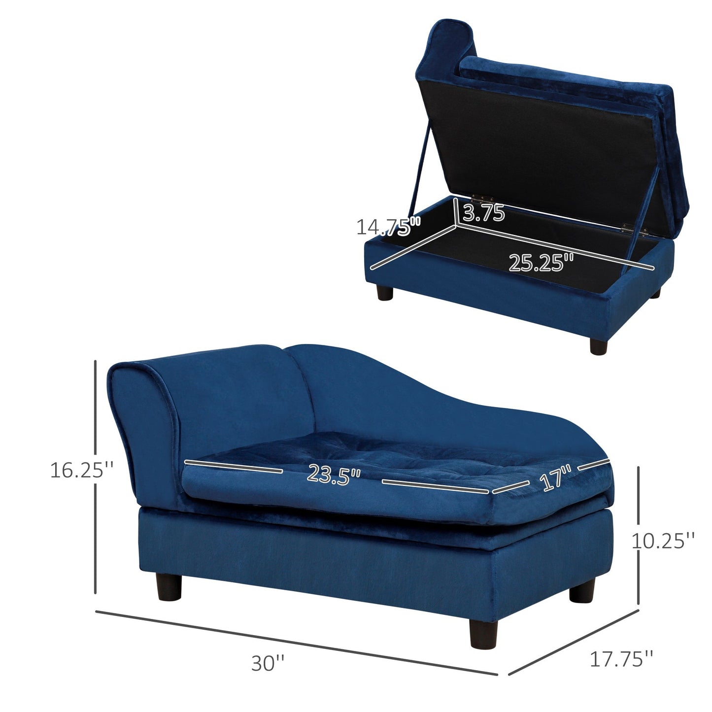 Luxury Small Dog Bed with Hidden Storage in Blue Fabric