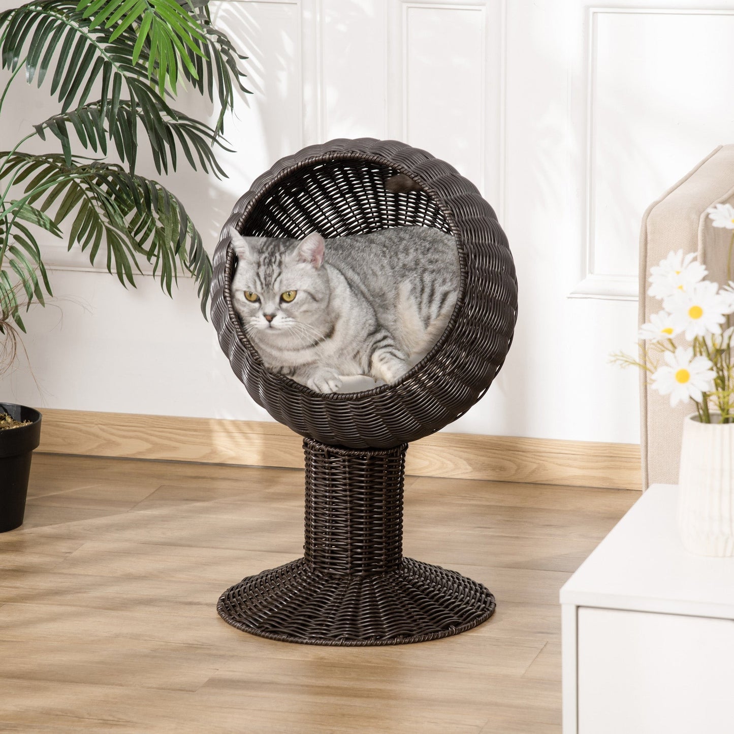 Elevated Rotatable Egg-Shaped Cat Bed with Woven Grass Cushion