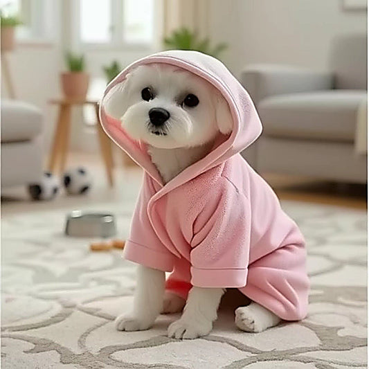 Soft Thickened Coral Fleece Dog Bathrobe with Hood and Tie Closure