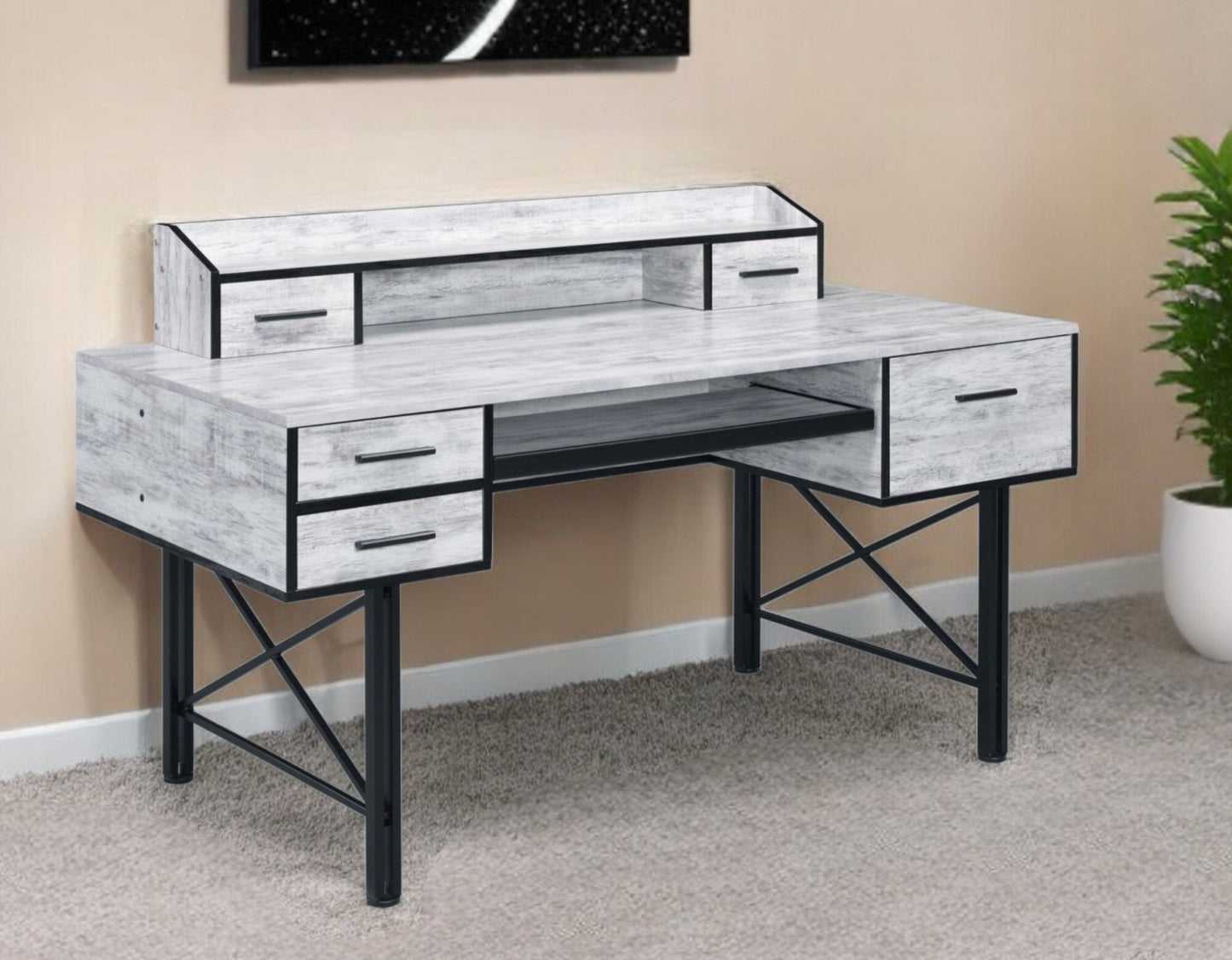 59" Antiqued White and Black Computer Desk With Five Drawers - Asmota