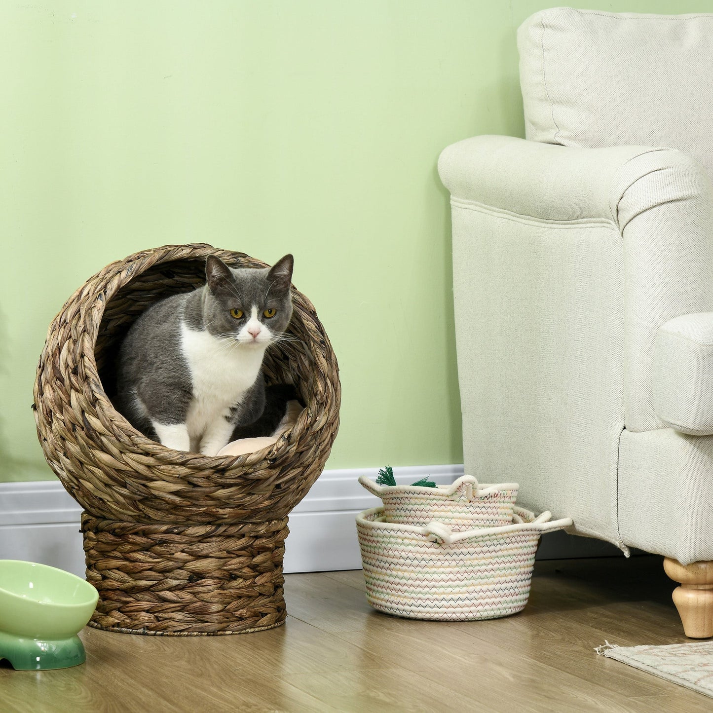 Handwoven Elevated Cat Bed Wicker Egg Chair with Cushion