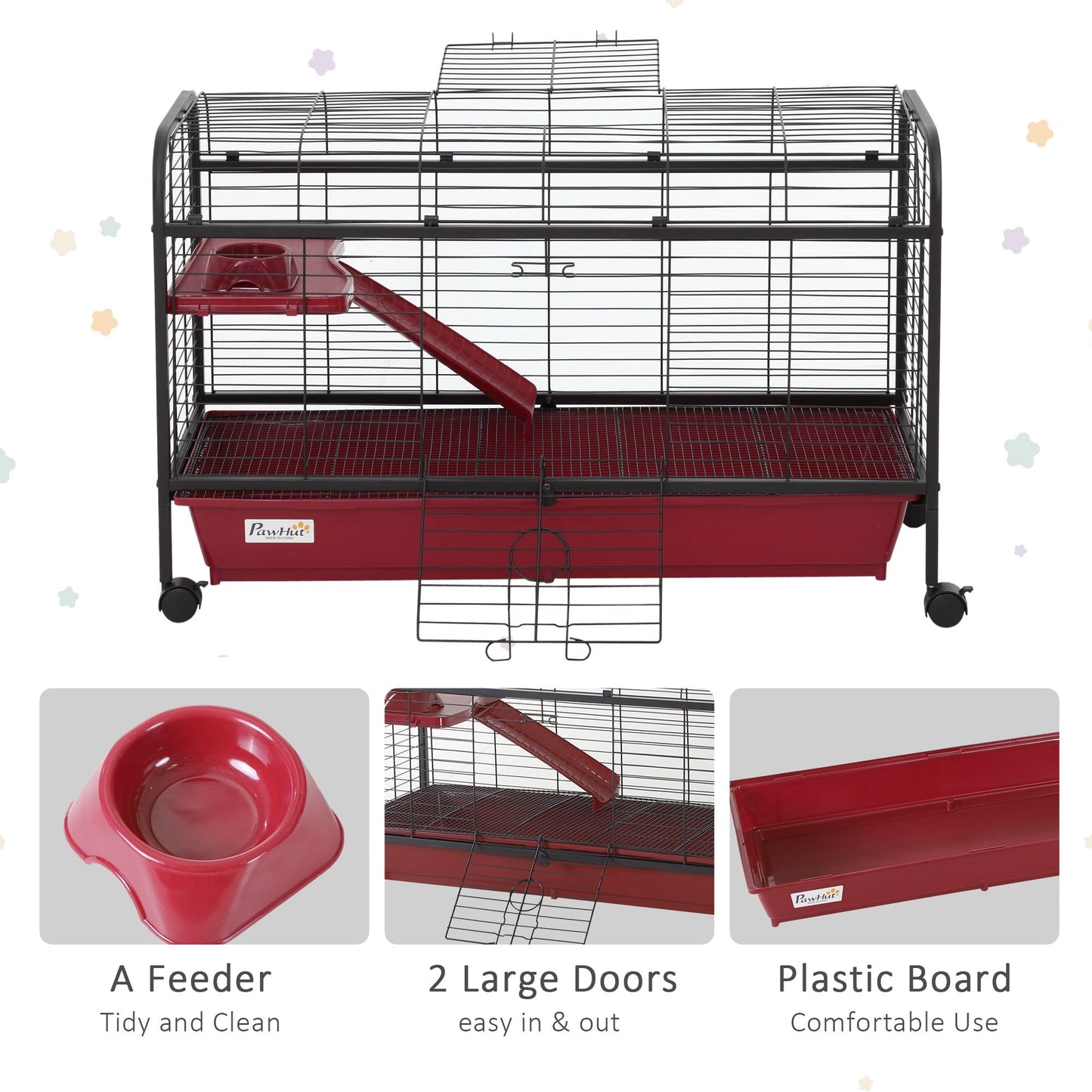 41" Metal Small Animal Cage with Feeder, Ramp & Rolling Wheels