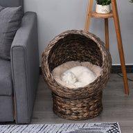 Handwoven Elevated Cat Bed with Rotating Basket and Cushion, Dark Gray
