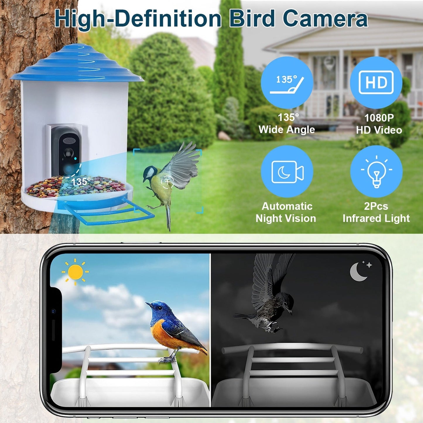 Smart Solar Bird Feeder with 1080p HD Camera and AI Motion Capture