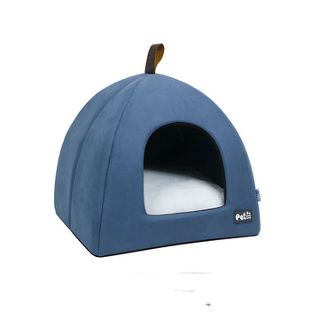 Plush Dome Dog Bed in Blue, Grey, and Pink