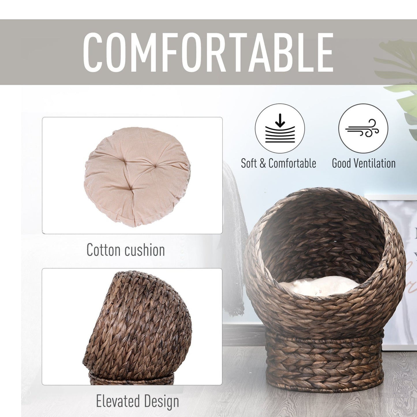 Handwoven Elevated Cat Bed with Rotating Basket and Cushion, Dark Gray