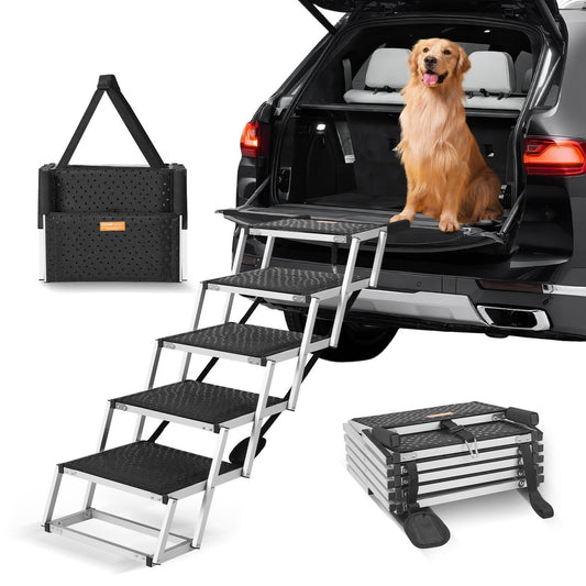 5-Step Folding Aluminum Dog Car Stairs Black 150 Lbs Capacity