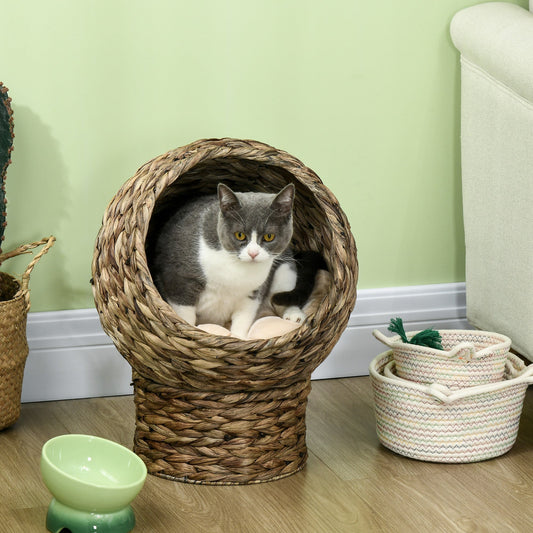 Handwoven Elevated Cat Bed Wicker Egg Chair with Cushion