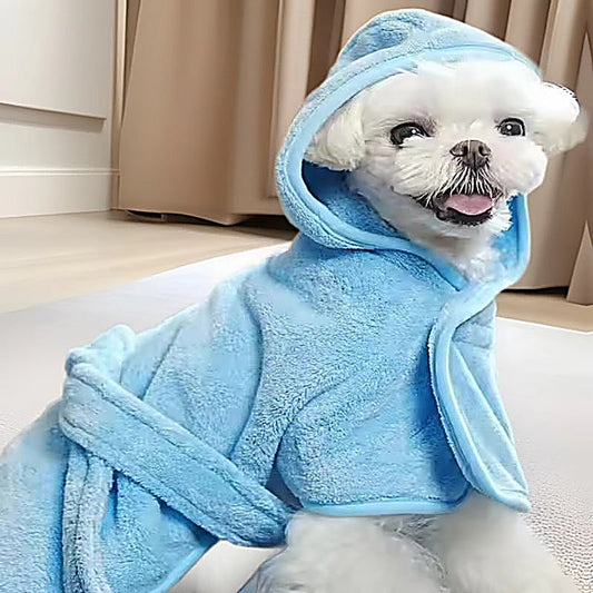 Soft Thickened Coral Fleece Dog Bathrobe with Hood and Tie Closure