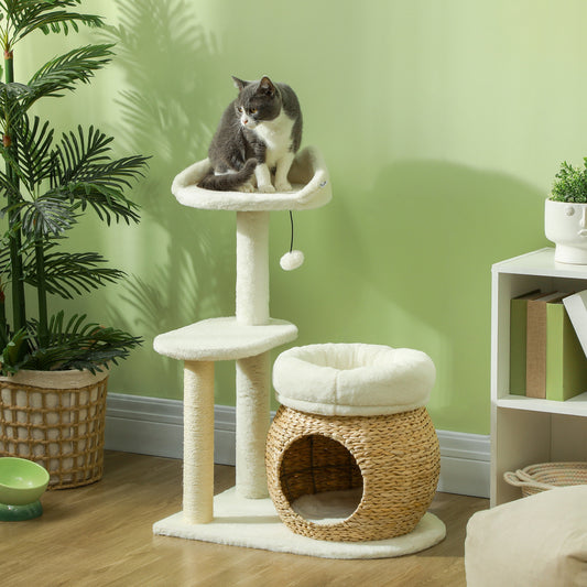 31" Cat Tree Tower with Scratching Posts, Cat Condo, Beds, Platform and Toy Ball for Indoor Cats, Cream White