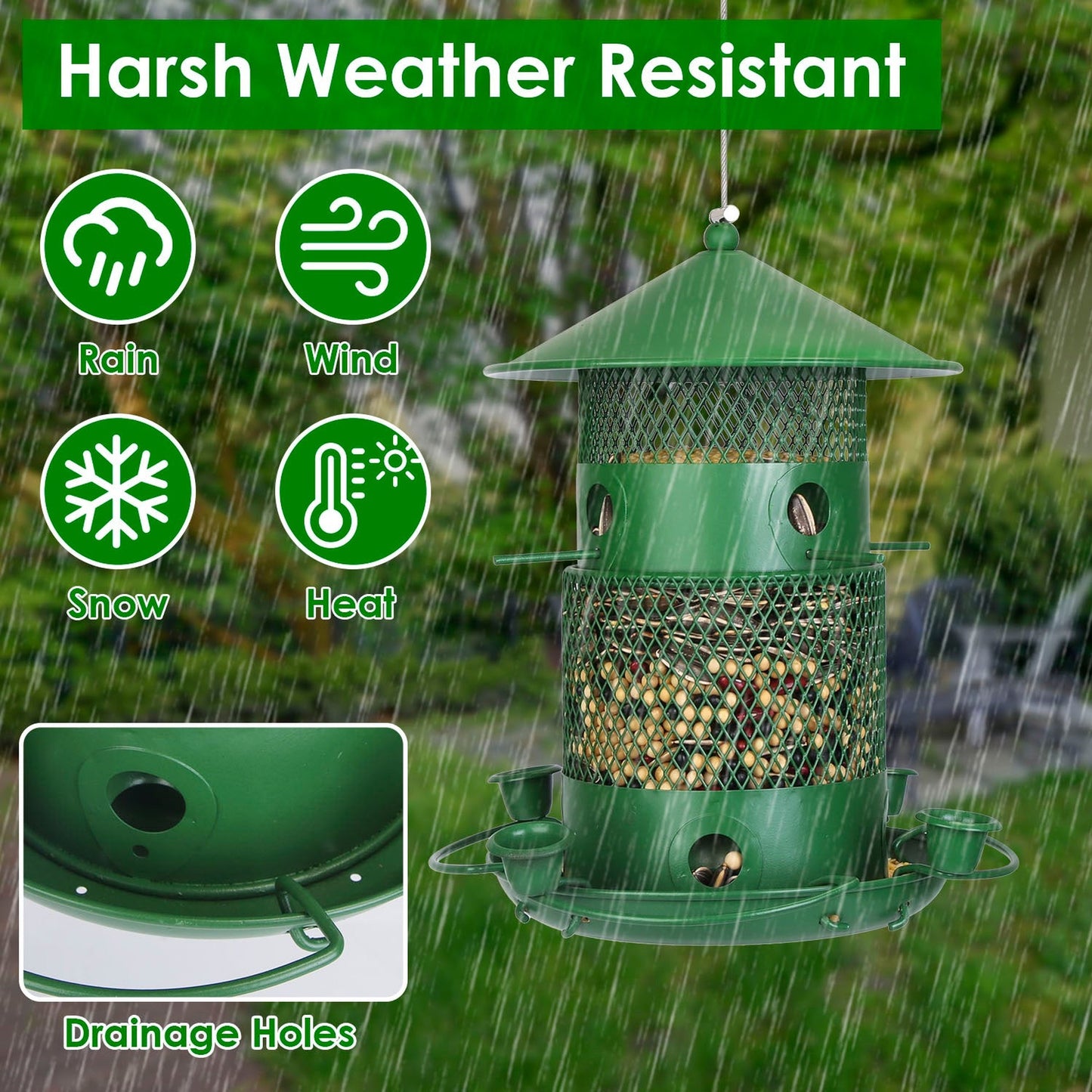 Green Metal Squirrel-Proof Wild Bird Feeder with 360° Perches