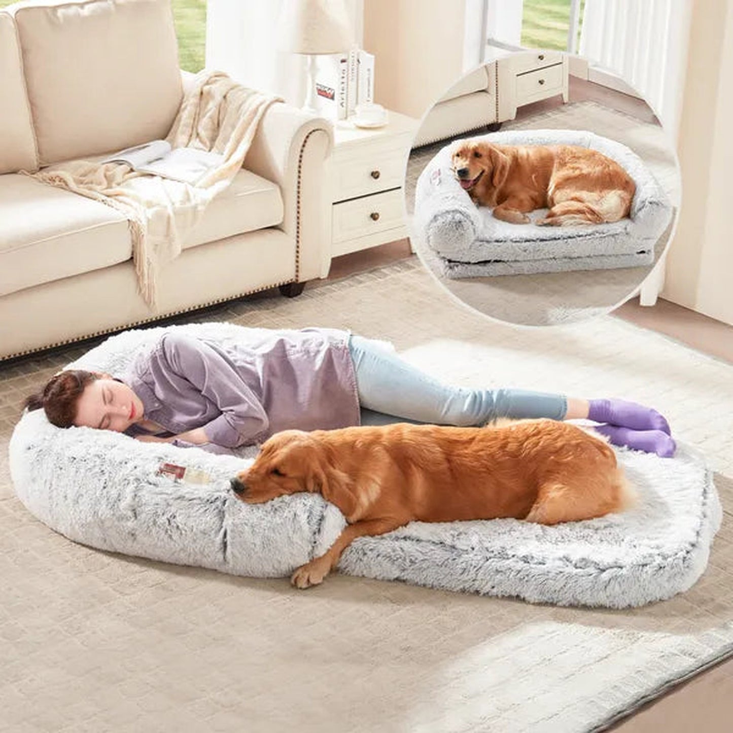 Orthopedic Foldable Plush Dog Bed for Large Dogs in Faux Fur
