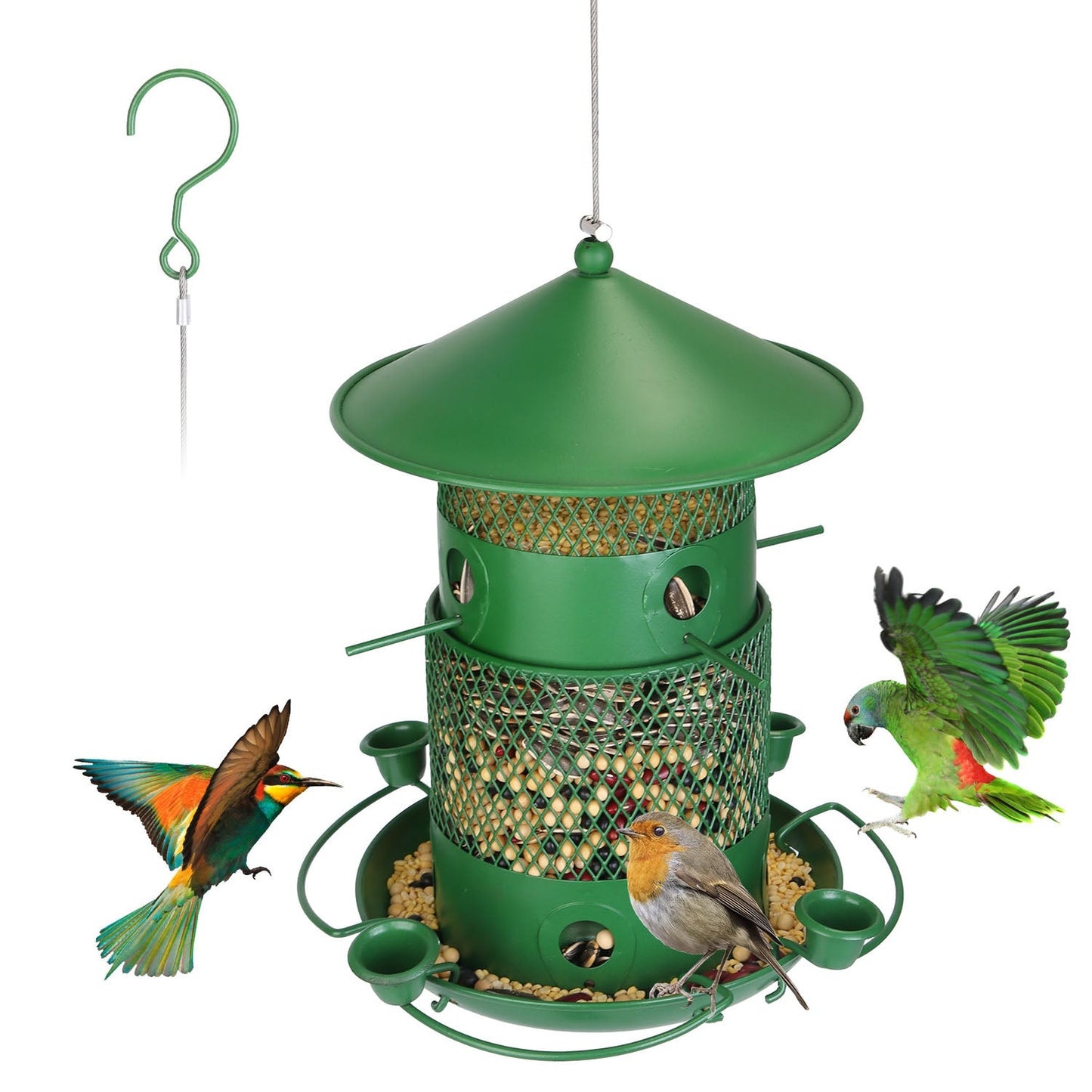 Green Metal Squirrel-Proof Wild Bird Feeder with 360° Perches