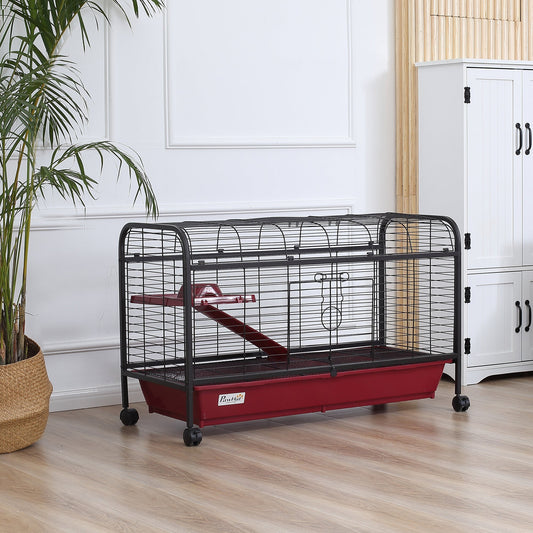 41" Metal Small Animal Cage with Feeder, Ramp & Rolling Wheels