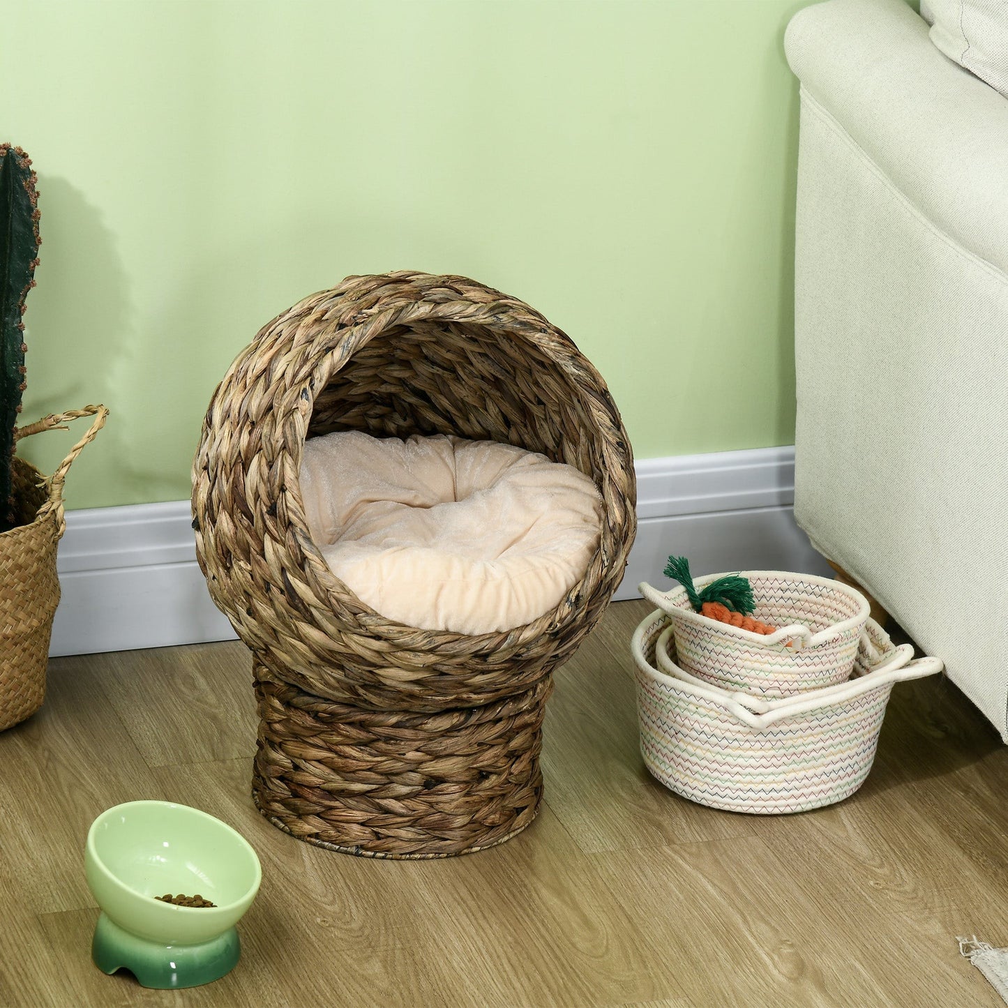 Handwoven Elevated Cat Bed Wicker Egg Chair with Cushion