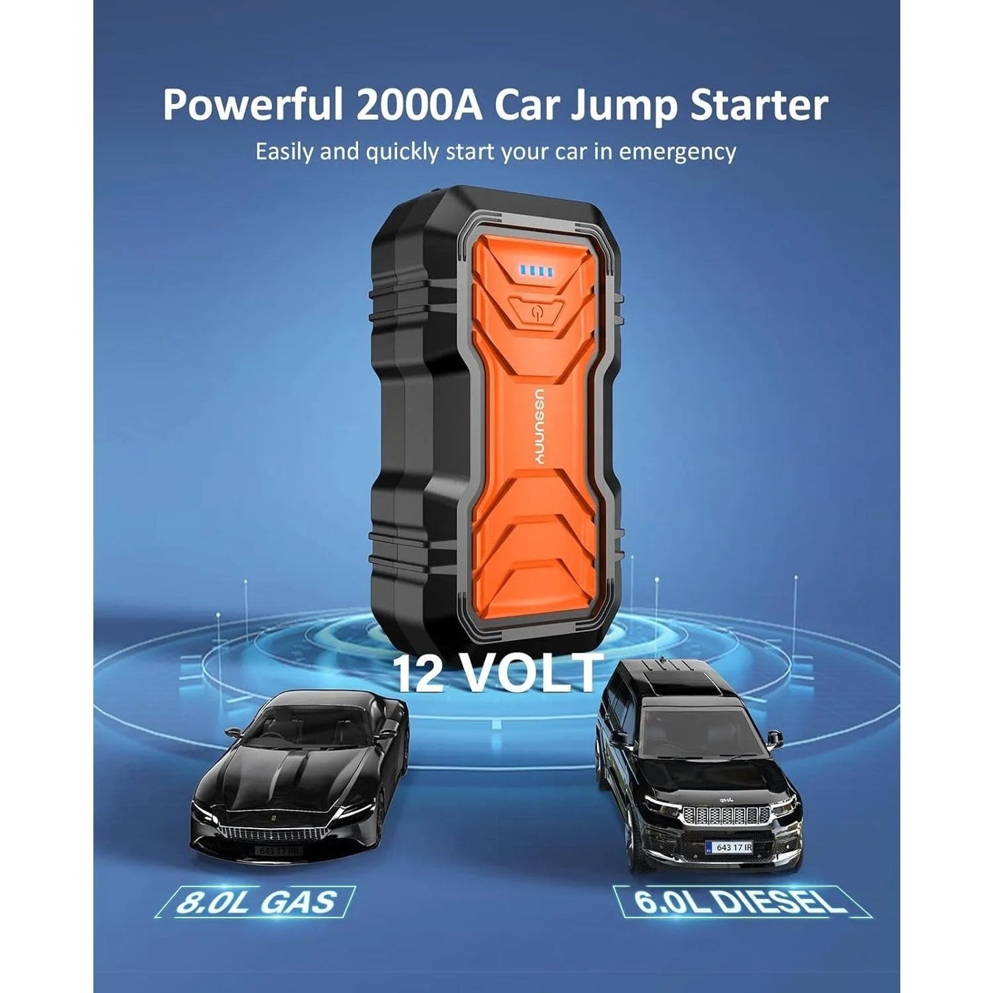 9000mah Jump Starter - 2000A Smart Car Battery Booster Pack with UltraSafe Lithium Battery, Portable Jump Box with LED Light/USB - Asmota