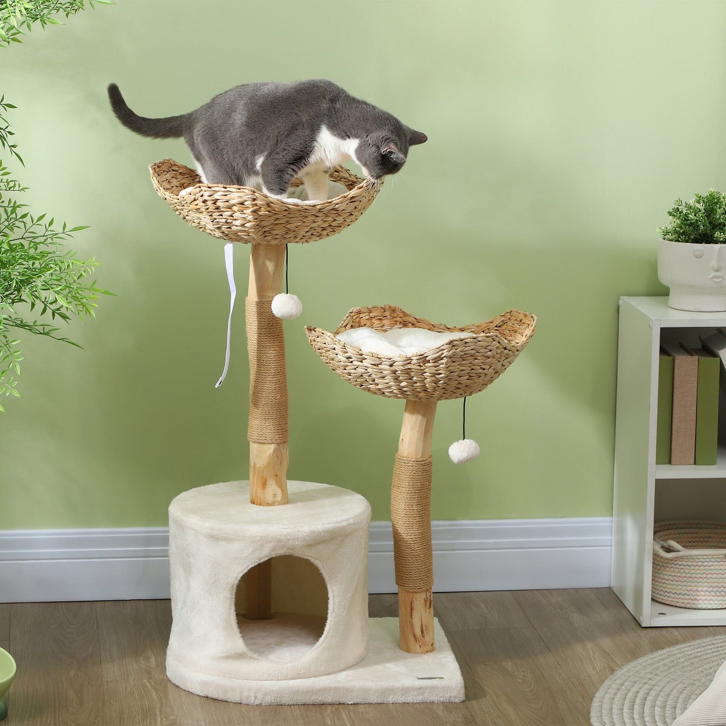 37 Inch Cream White Cat Tree with Wooden Scratching Posts & Condo Beds