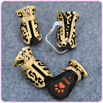 PU Leopard Print Dog Shoes with Rubber Sole and Zipper Closure
