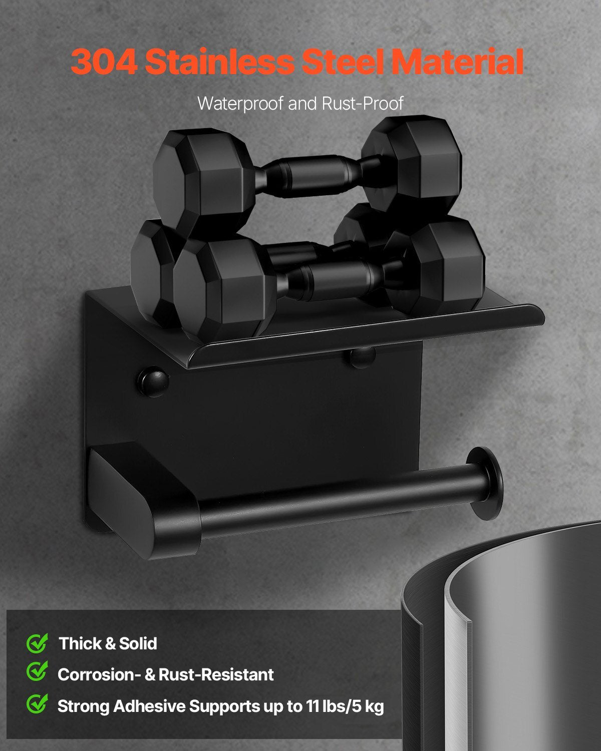 Toilet Paper Holder with Shelf, Fits Mega Rolls Size, Stainless Steel Rustproof Material, Wall Mounted with Screws and Double-Sided Tape, Toilet Roll Tissue Holder for Bathroom, Matte Black