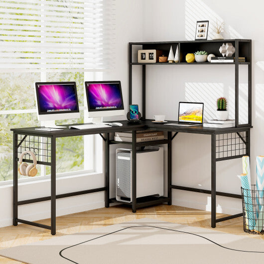 L-shaped Desk with Power Outlet Hutch-Rustic Brown