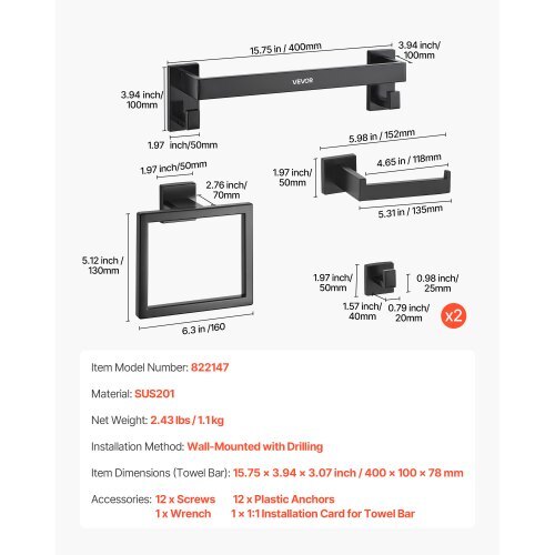 Matte Black Bathroom Hardware Set, 5 Pieces Bathroom Accessories Set, Stainless Steel 16 inch Towel Bar, Towel Rack, 2 Robe Towel Hooks, Toilet Paper Holder for Bath Room, Wall Mounted