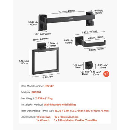 Matte Black Bathroom Hardware Set, 5 Pieces Bathroom Accessories Set, Stainless Steel 16 inch Towel Bar, Towel Rack, 2 Robe Towel Hooks, Toilet Paper Holder for Bath Room, Wall Mounted