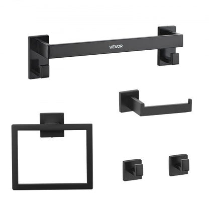 Matte Black Bathroom Hardware Set, 5 Pieces Bathroom Accessories Set, Stainless Steel 16 inch Towel Bar, Towel Rack, 2 Robe Towel Hooks, Toilet Paper Holder for Bath Room, Wall Mounted